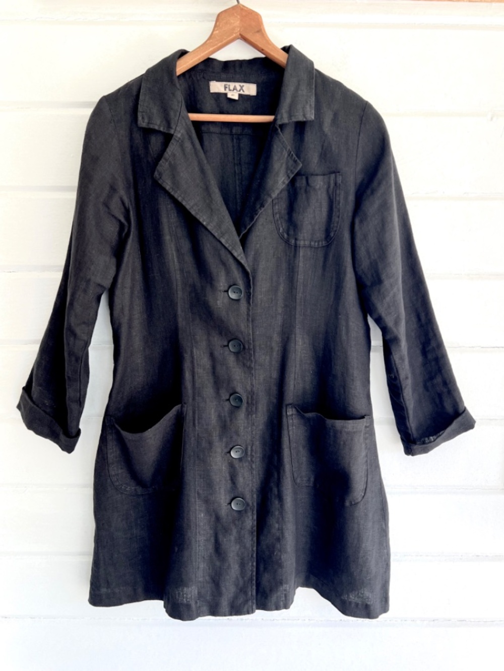 FLAX The Traveler's Long Line Jacket in 100% Linen Black - P